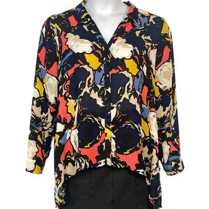 Dana Buchman Sz XL Button Down Blouse Hi-Low Hem Bold Graphic Print Silky Rayon